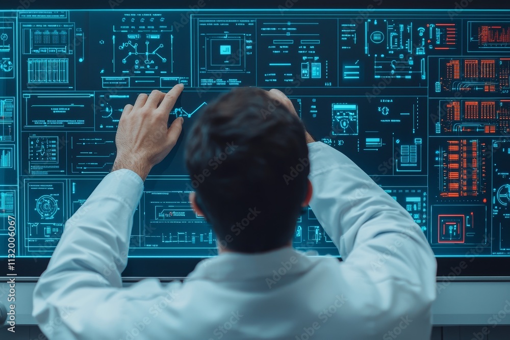 Poster tech industry growth initiatives. scientist interacting with a high-tech interface display.