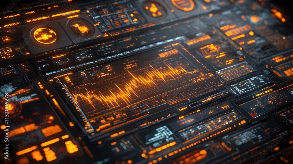 Poster futuristic digital interface with glowing orange waveforms and data displays.