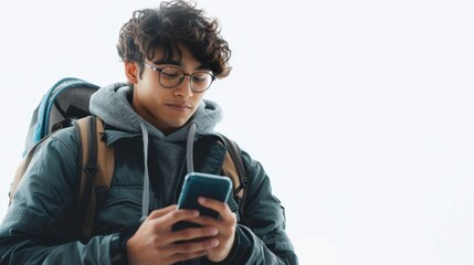 Fototapeta premium Focused student using a smartphone to study, isolated on white background for modern educational visuals