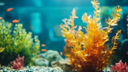 Aquarium decor for pet. Vibrant underwater scene with colorful aquatic plants and fish.