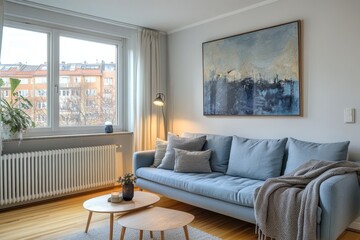 Fototapeta premium Modern living room with blue sofa, large window, and abstract art.