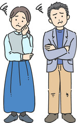悩んでいる中年／シニア男性と女性のイラスト

