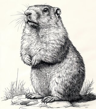 recommend clip art: Black and White Marmot Ink Illustration Detailed Line Art of Groundhog Realistic Nature Drawing