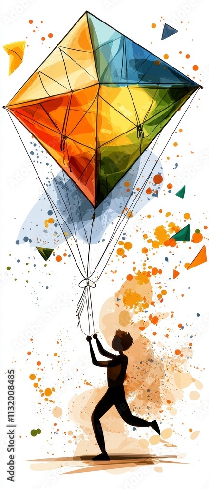 Poster abstract person running with colorful kite.