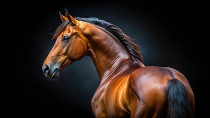 Obraz premium Isolated bay horse, a powerful urban exploration image, silhouetted against a black backdrop.