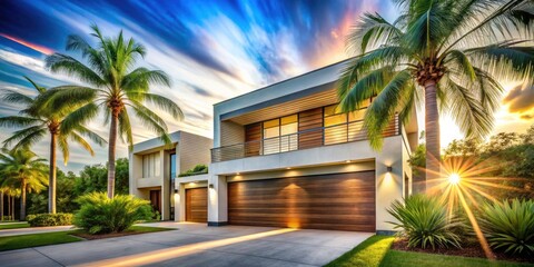 Long exposure captures Florida's bright sun, transforming homes, palms, and garage doors into impressionistic art.