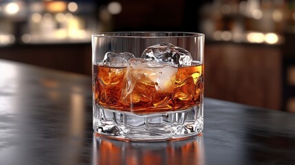 Whiskey on the rocks in a rocks glass at a bar.
