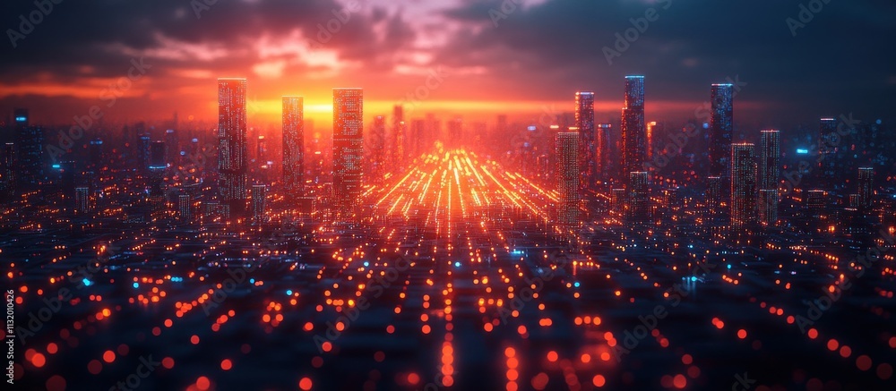 Aufkleber cyberpunk cityscape with digital technology and software development in focus