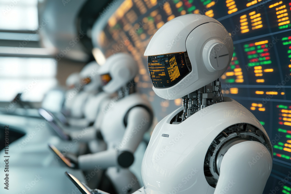 Aufkleber holographic trading hub, futuristic trading floor, robots processing stock data, advanced automation