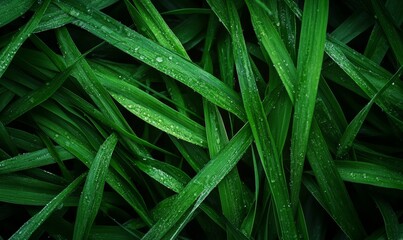 Fototapeta premium Lush green grass blades with water droplets.