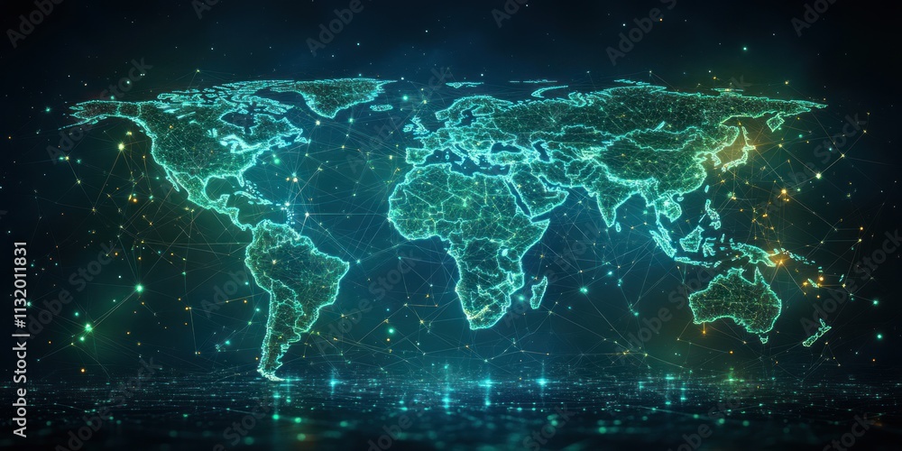 Poster global network connectivity abstract world map in cyberpunk style