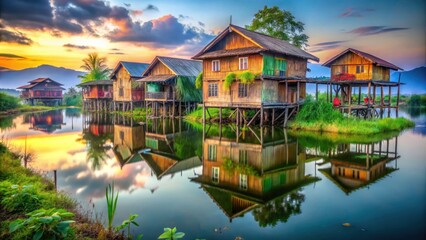 Fototapeta premium Myanmar's Inle Lake: captivating double exposure photography of stilt village homes.