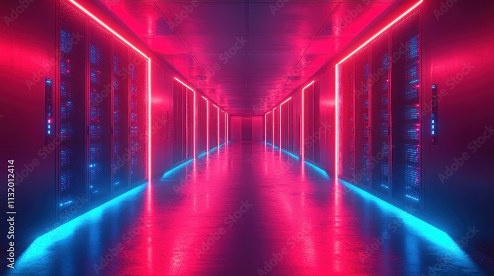 Poster Futuristic Data Center Hallway Neon Lighting Server Racks Technology Storage Networking Cloud Computing Infrastructure