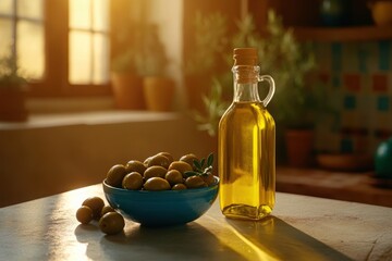 Beautifully arranged bottle of olive oil next to a bowl of green olives in a sunlit kitchen, showcasing natural ingredients and healthy lifestyle choices