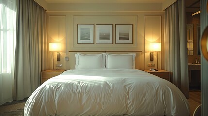 Luxurious hotel room with a neatly made bed, illuminated by soft lighting.