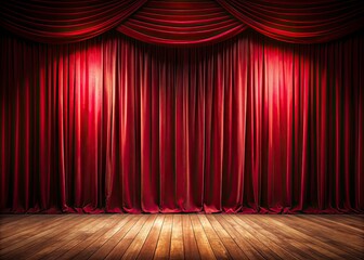 Panoramic theatre, red curtain descends on an empty stage, ready for creative performance photography.