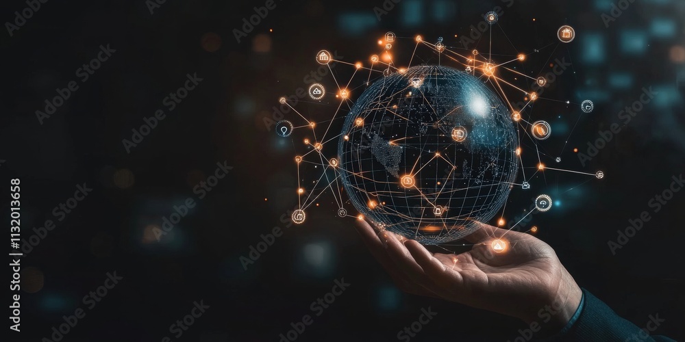 Aufkleber futuristic global network concept with hand holding digital earth surrounded by connections and data