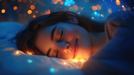 Serene young woman peacefully sleeping in bed, surrounded by magical lights.