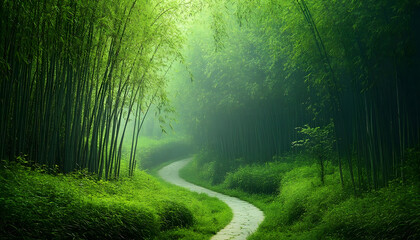 Obraz premium Serene Path Through Lush Bamboo Forest