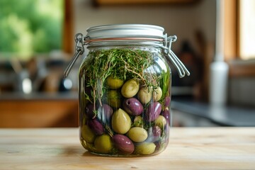 A Freshly Picked Jar of Colorful Olives Preserved with Herbs and Spices, Showcasing Natural Ingredients in a Rustic Kitchen Environment