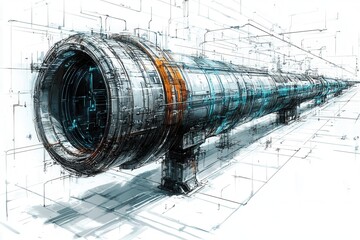 Futuristic metallic tube, detailed design, orange and teal accents. Ideal for sci-fi, technology, or industrial projects needing a modern aesthetic.