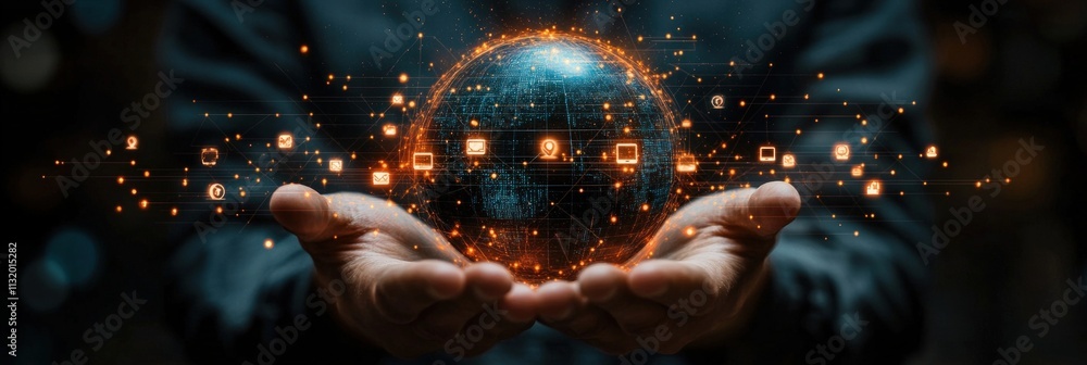 Poster hands holding digital globe with glowing network connections and icons representing technology and c