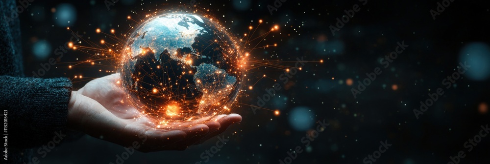Poster hand holding a glowing earth with sparkling effects representing global connection and technology in