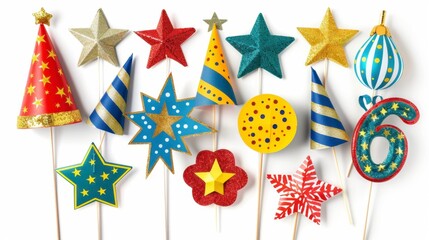 Fototapeta premium New Year's Eve photo booth props in festive colors, isolated on a white background. Fun and unusual.