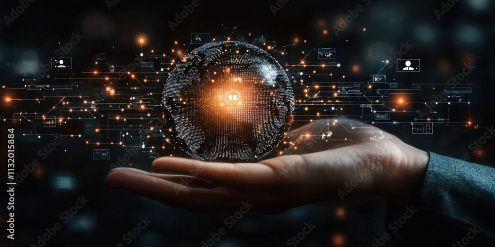 Poster digital globe in hand with glowing connections, representing global communication and technology adv