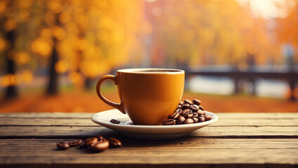 Obraz premium Cup of Coffee on Wooden Table