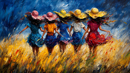 Colorful women in summer dresses walking through golden field, wearing wide brimmed hats. vibrant scene captures joy and freedom in nature