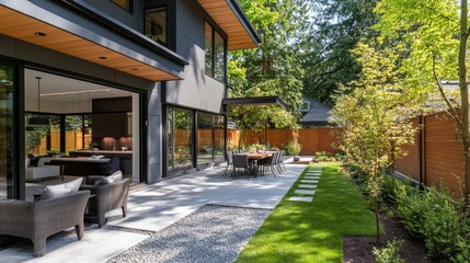 Obraz premium Modern backyard with patio seating and landscaped garden.