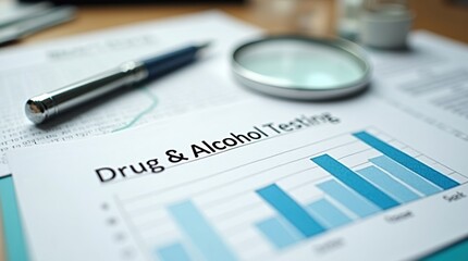 Drug and alcohol testing form with pen and magnifying glass