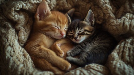 Two adorable kittens snuggling together while sleeping peacefully in a cozy knitted blanket.