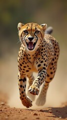 Fototapeta premium Speeding cheetah running on a dusty savanna terrain