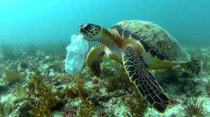 Obraz premium Hawksbill sea turtle trying to eat plastic bag floating in tropical coral reef , isolated on white background, , copy space, copy space for text,