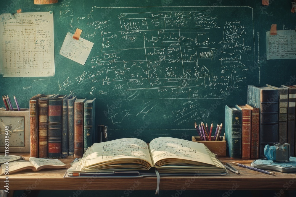 Poster Open book on desk with chalkboard background filled with notes and stacked books.