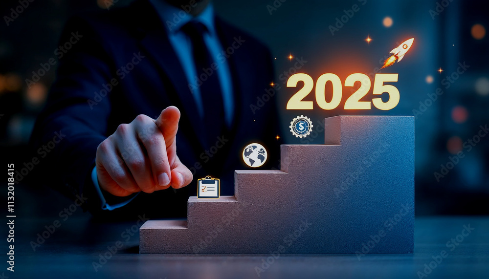 Aufkleber a businessman in a suit pointing to a graph showing growth and progress towards the year 2025, with 