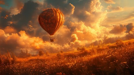 Obraz premium Hot Air Balloon over Sunset Landscape: A Dreamlike Journey