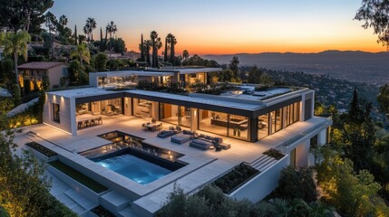 Fototapeta premium Modern hillside mansion with pool, showcasing luxury and scenic views at sunset.