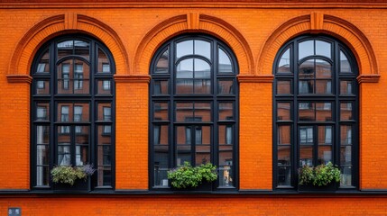 Obraz premium Three arched windows in orange brick wall.