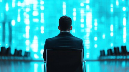 A person in a suit sits in front of a glowing blue digital display, exuding a sense of contemplation and focus.