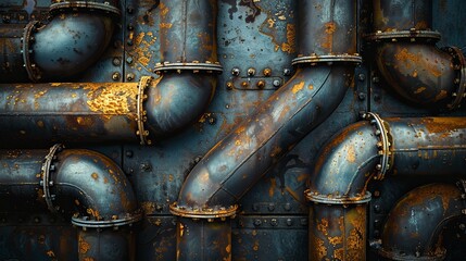 Rusty Industrial Pipes Intertwined on a Weathered Metal Wall