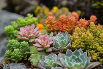 Fototapeta premium Colorful assortment of succulents in a garden setting.