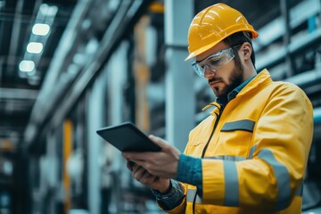 Engineer in yellow hardhat uses tablet. This image depicts industrial technology; perfect for manufacturing, engineering, or tech websites.