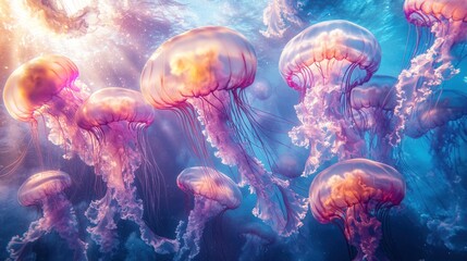 A mesmerizing underwater scene showcasing a group of vibrant jellyfish illuminated by sunlight.