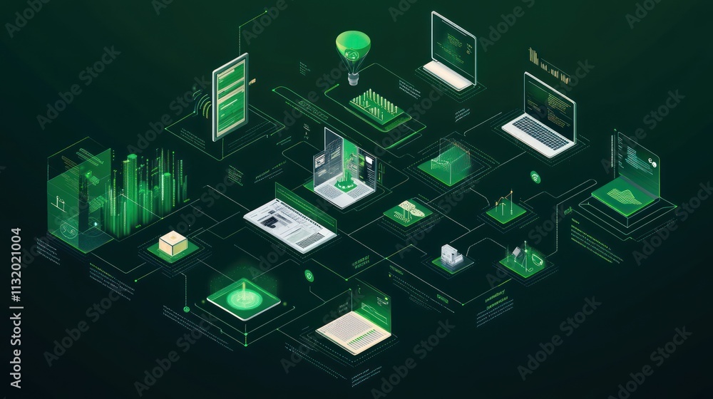 Poster a digital illustration showcasing interconnected technology and data visualization.