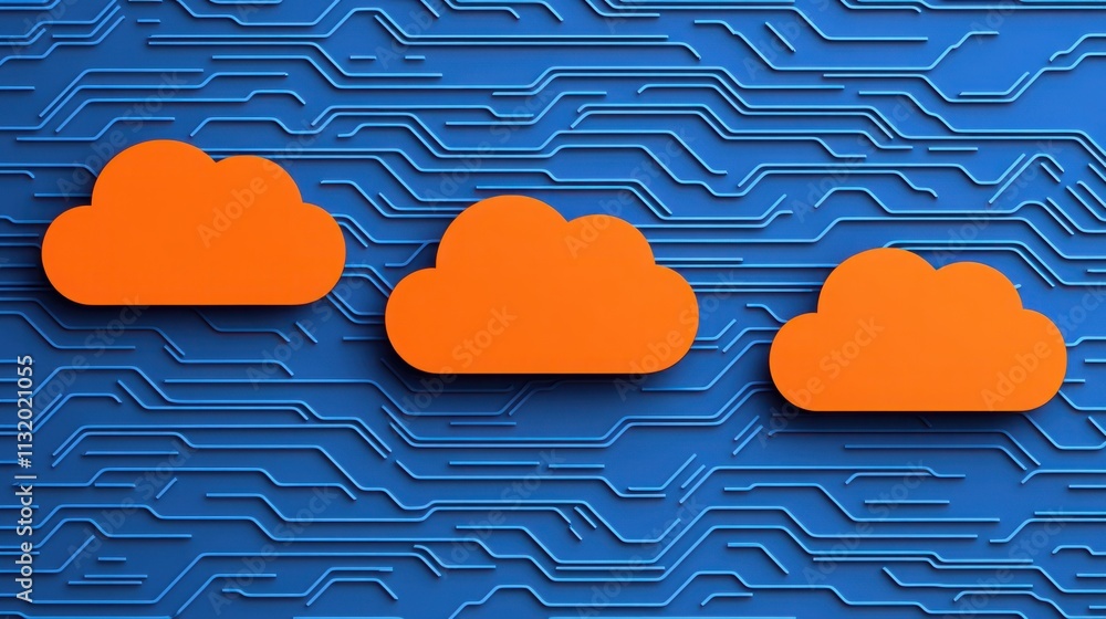 Aufkleber abstract representation of cloud computing with orange clouds over a blue textured background, showc