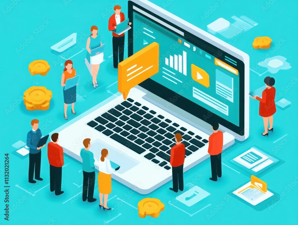 Poster digital workspace illustration: group of diverse professionals collaborating around a laptop with gr