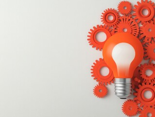 Orange Light Bulb Surrounded by Bright Orange Gears on a Soft Background Symbolizing Creativity, Innovation, and Collaborative Ideas in a Modern Concept Design